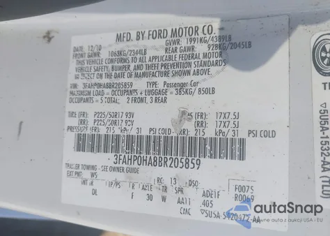 2011 Ford Fusion Se z USA, uszkodzony, nr VIN 3FAHP0HA8BR205859